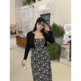 胖mm显瘦辣妹性感长裙 大码 楠哥微胖黑色碎花吊带连衣裙女夏季 新款