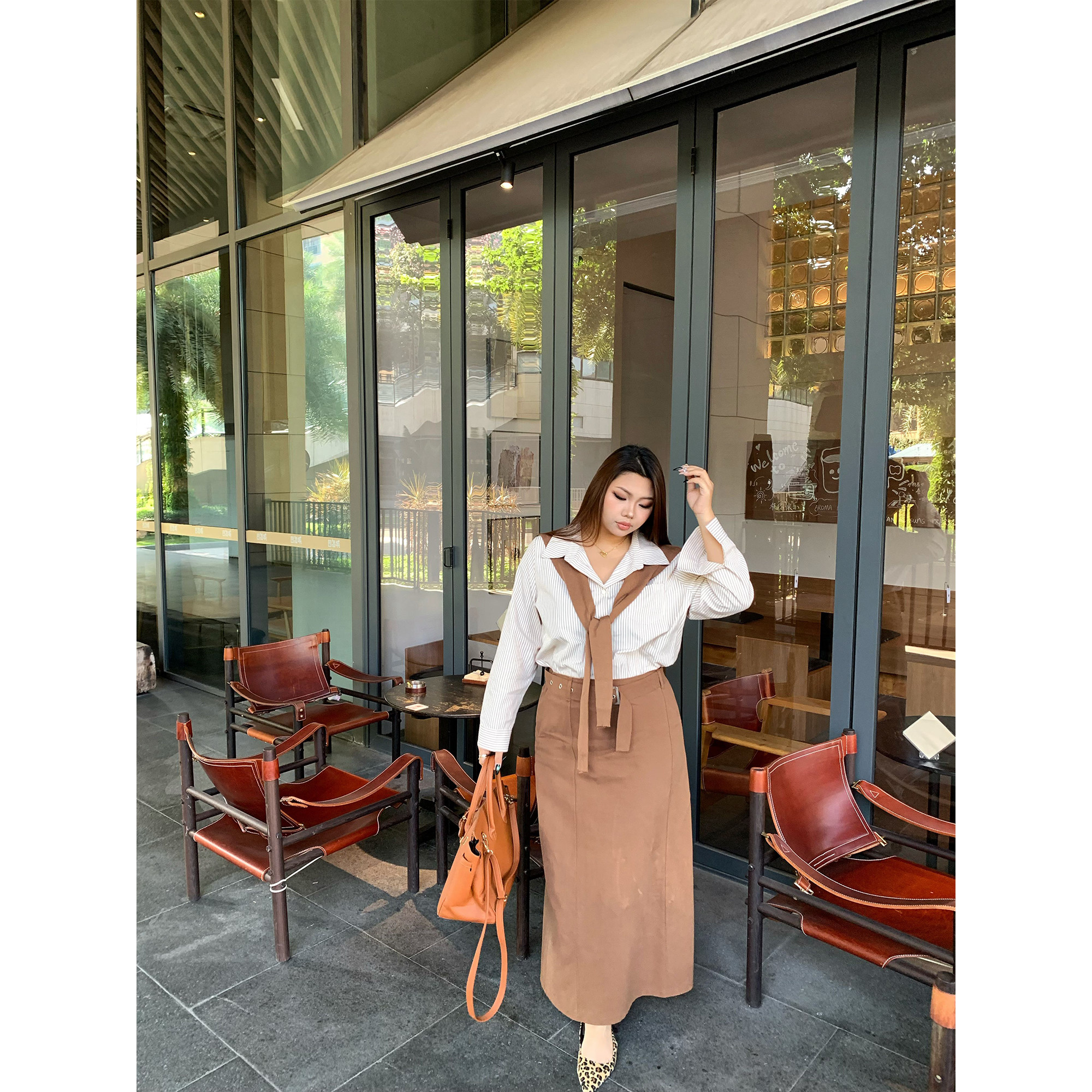 楠哥微胖复古高腰中长款半身裙女大码宽松条纹衬衫胖mm显瘦两件套