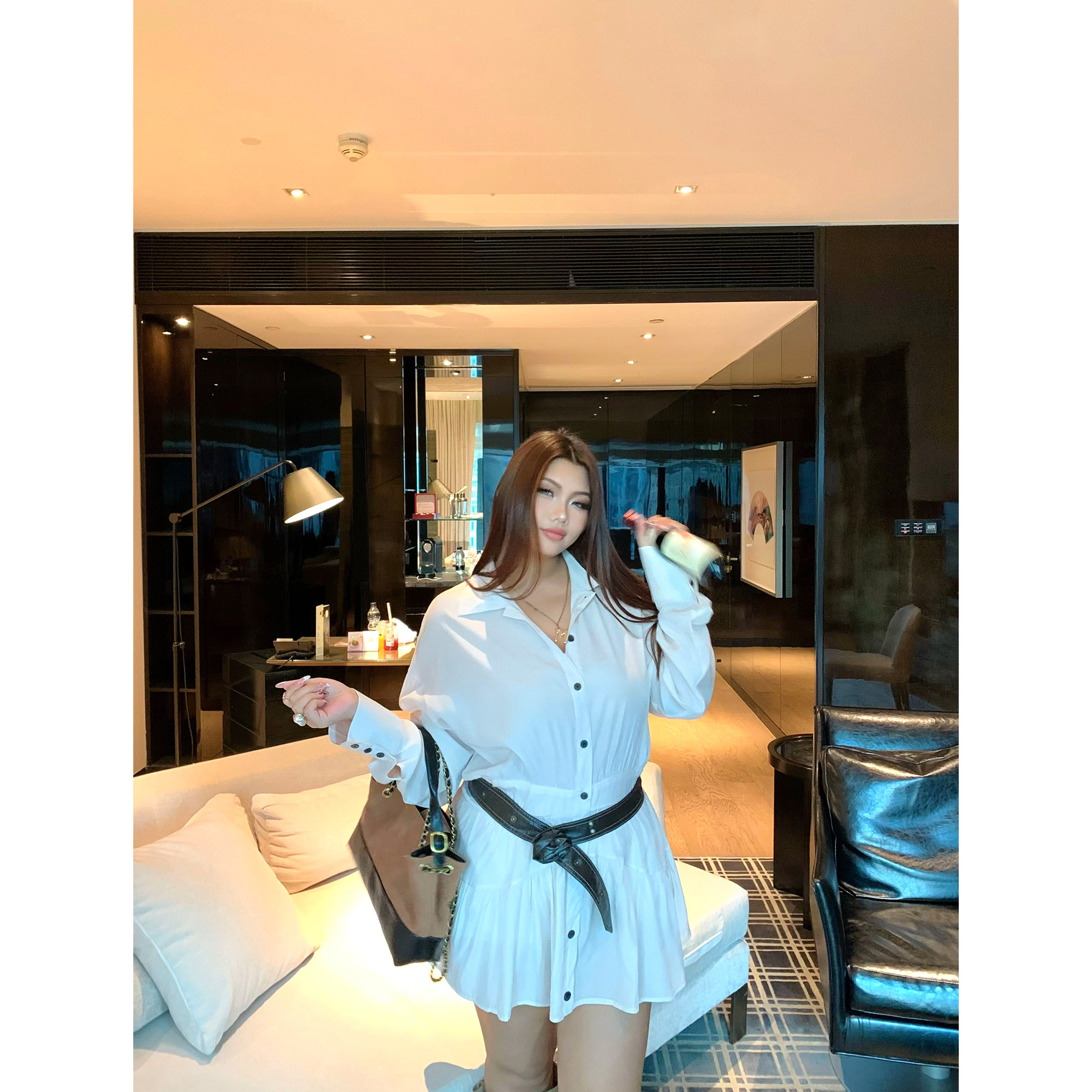 楠哥微胖mm法式气质白色衬衫长袖连衣裙女春夏秋大码纯欲收腰短裙