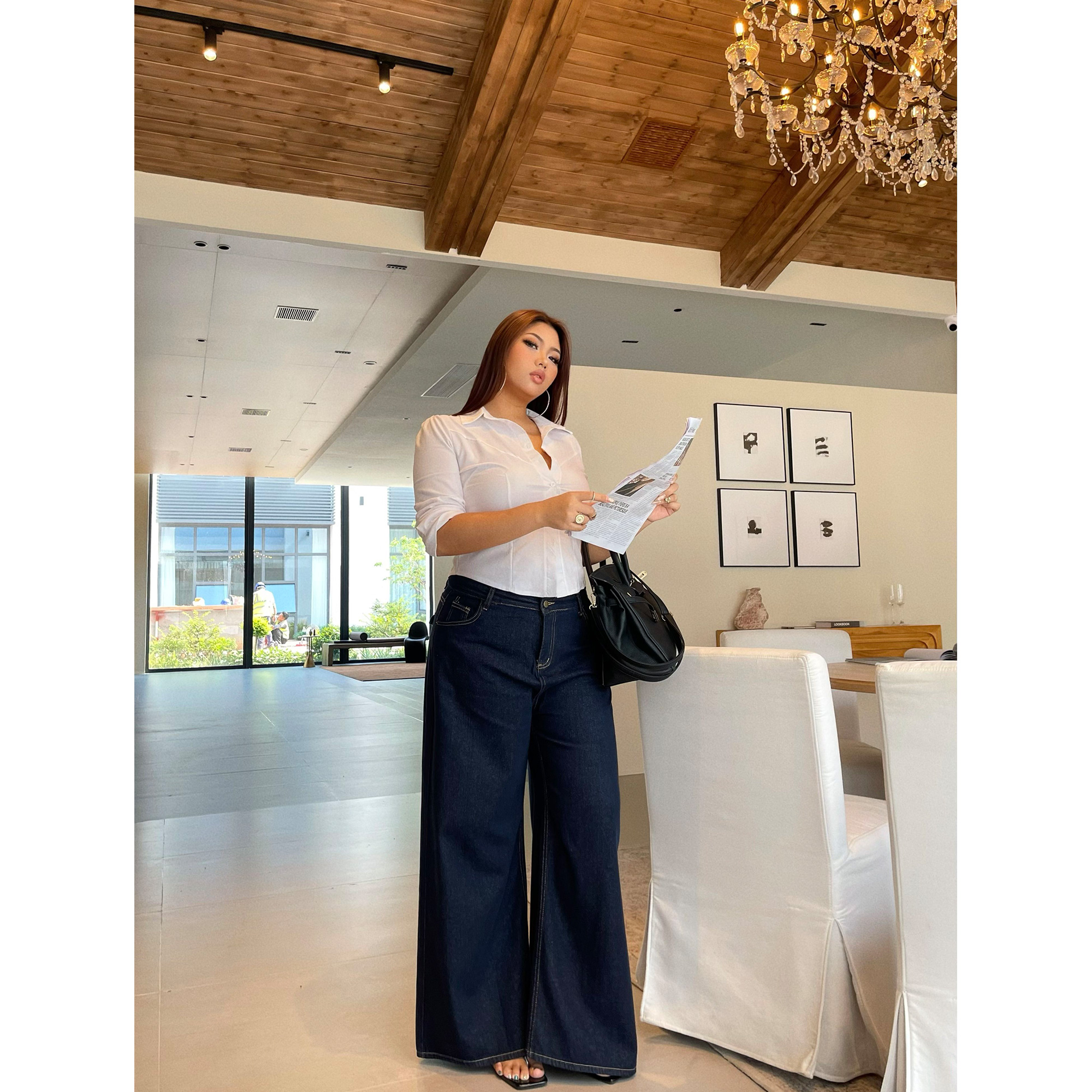 楠哥微胖mm美式复古高腰阔腿牛仔裤女秋大码胖妹妹宽松显瘦直筒裤