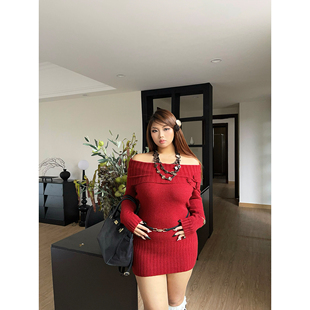 楠哥微胖辣妹一字肩秋冬季长袖连衣裙女弹力跨年新年包臀红色短裙