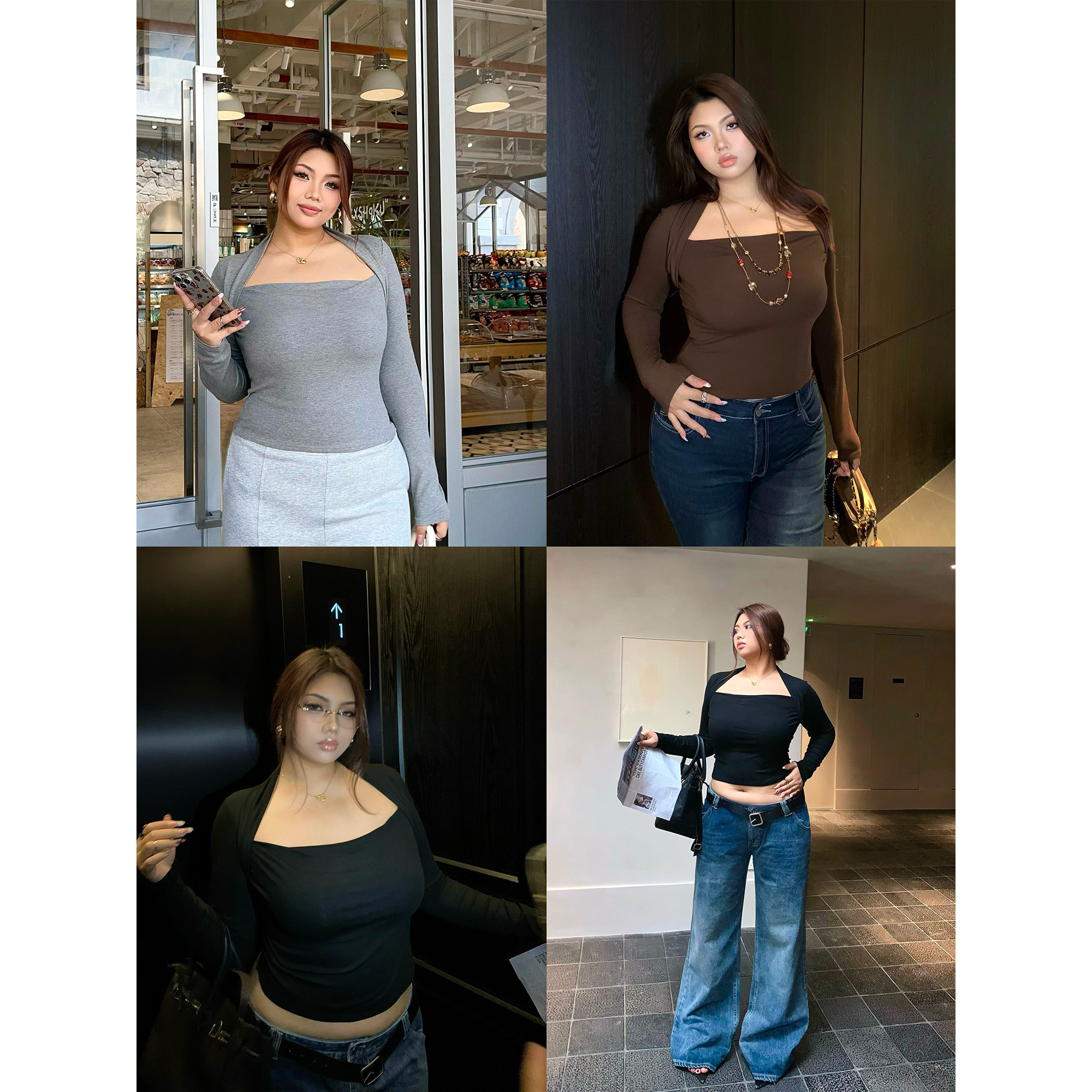 纯欲风性感方领长袖T恤修身显瘦