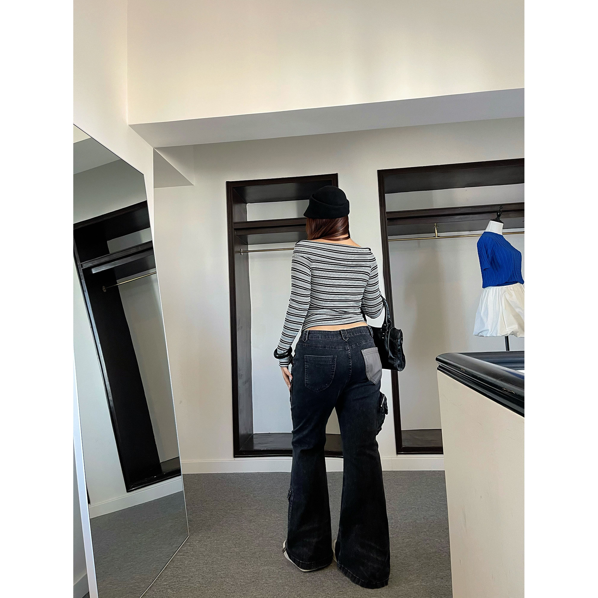 楠哥微胖复古多口袋微喇牛仔裤女大码辣妹高腰显瘦胖mm百搭工装裤