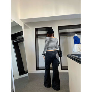 楠哥微胖复古多口袋微喇牛仔裤女大码辣妹高腰显瘦胖mm百搭工装裤