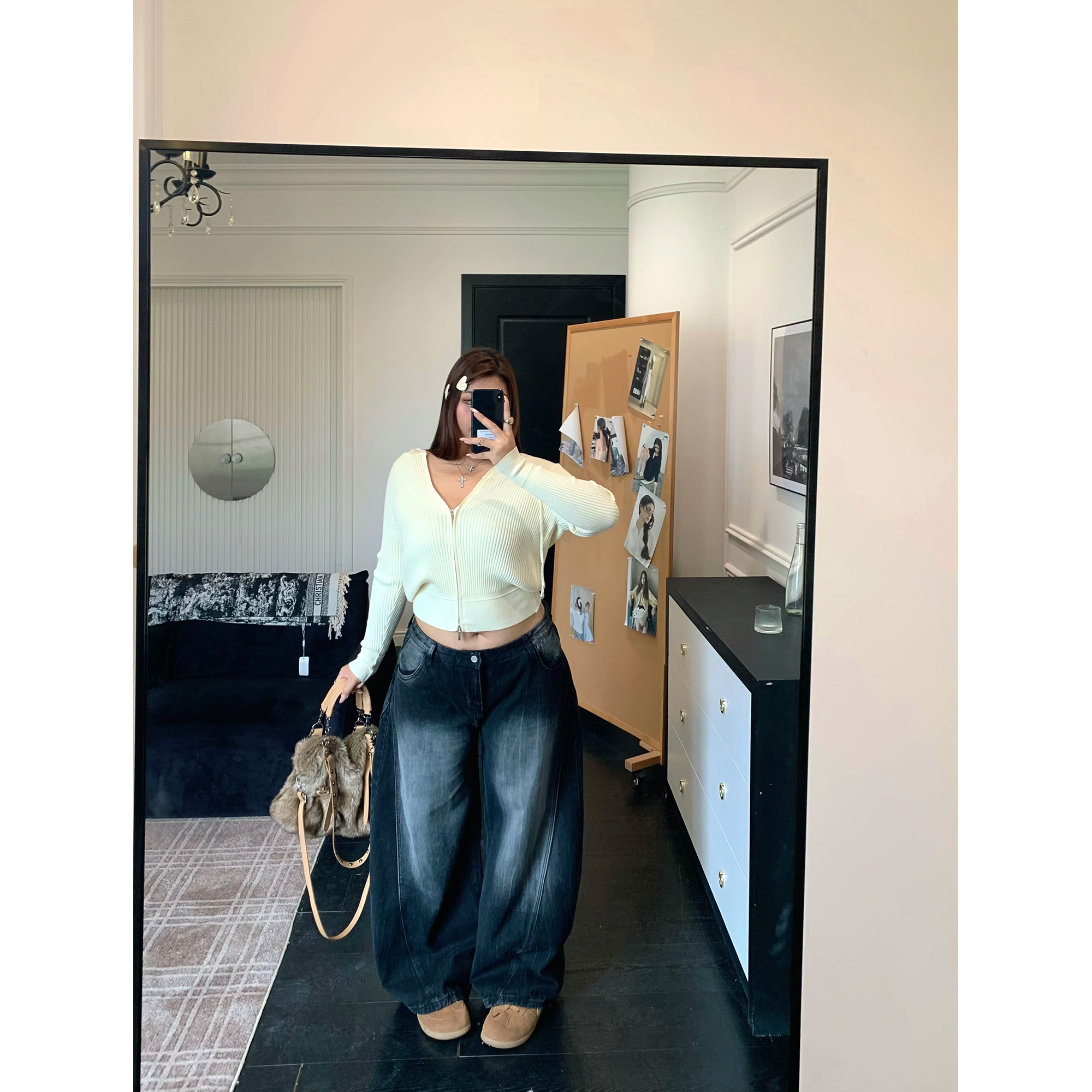 楠哥微胖mm辣妹复古弯刀牛仔裤女秋冬大码高腰宽松显瘦垂感阔腿裤