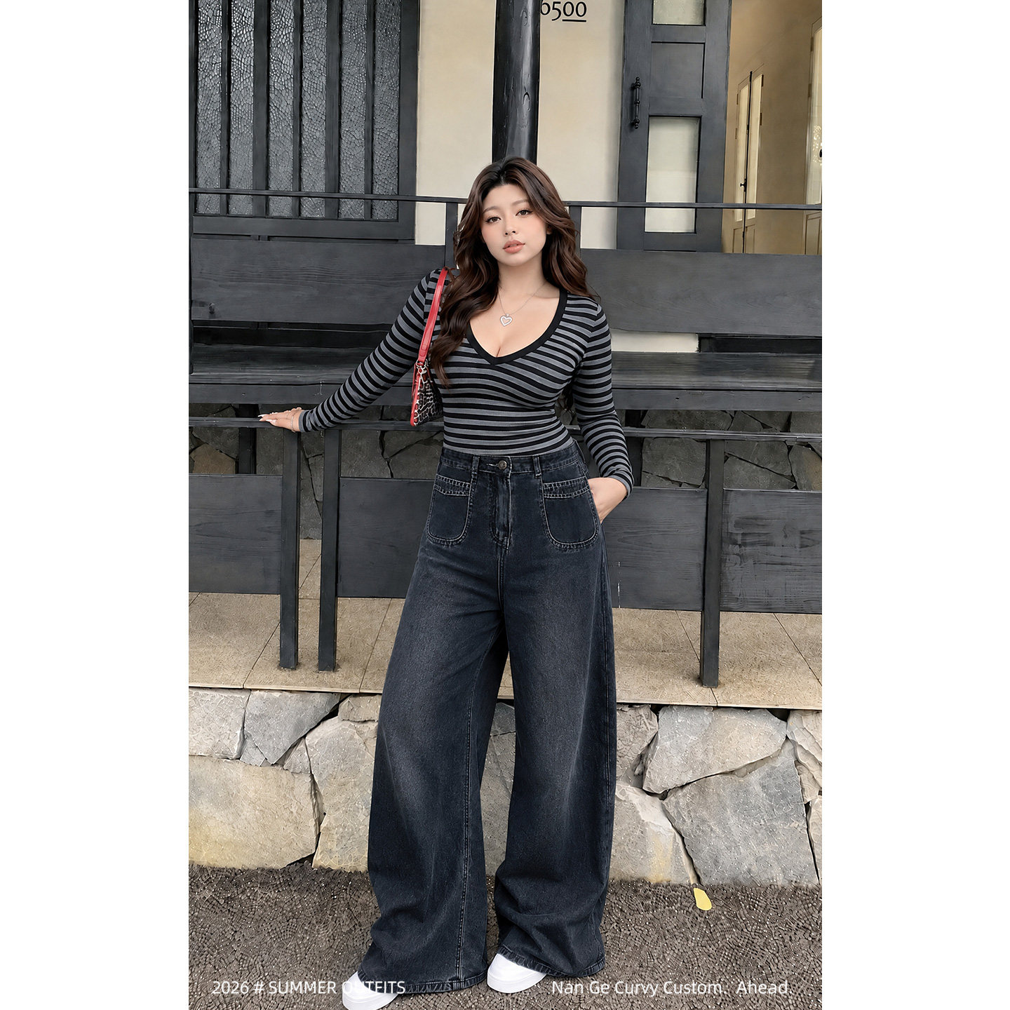 美式辣妹高腰显瘦阔腿牛仔裤