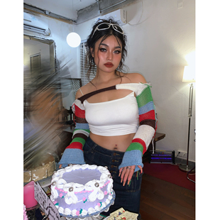 短款 楠哥微胖美式 胖mm早秋新款 辣妹镂空针织长袖 上衣 小坎肩女大码