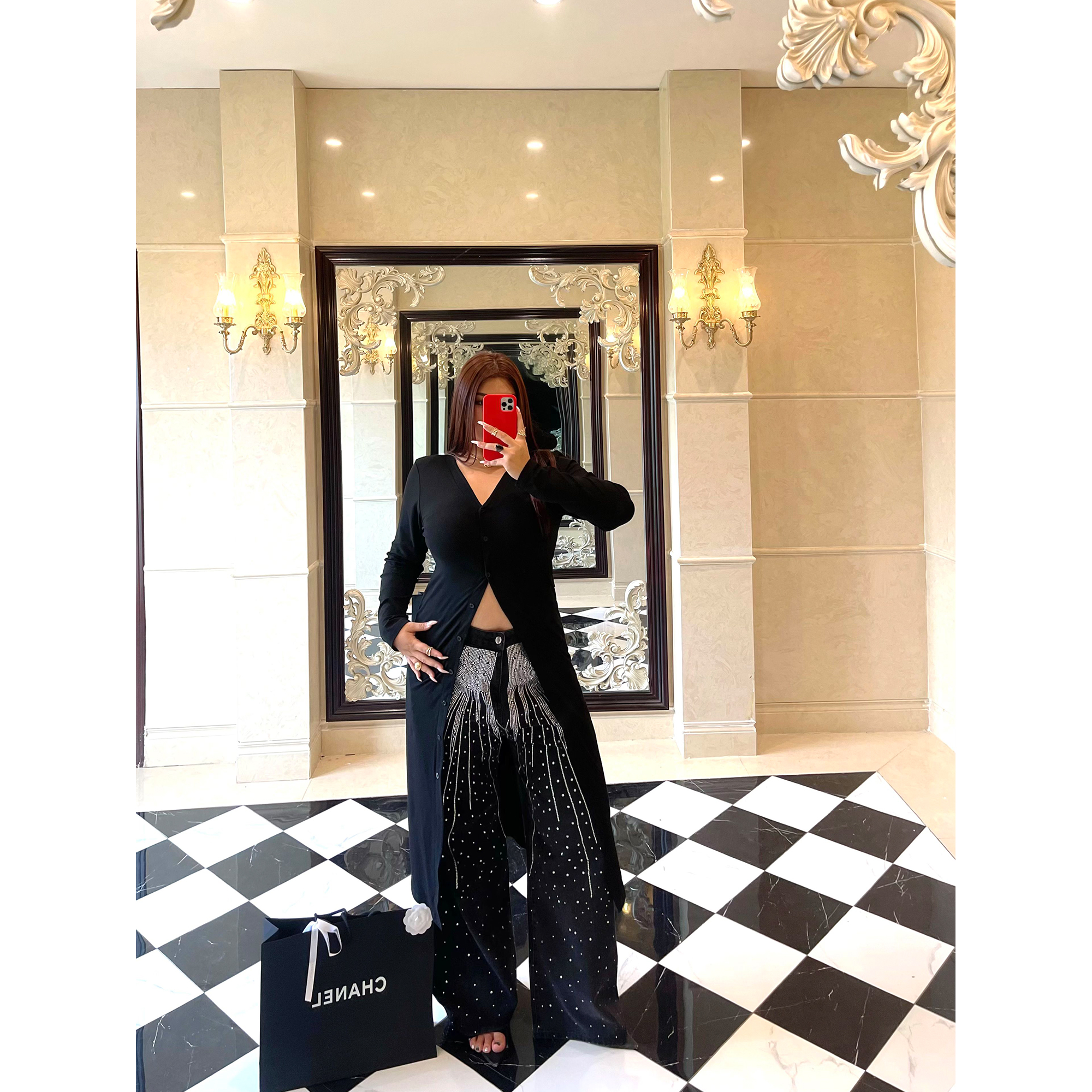 楠哥微胖mm甜辣妹黑色V领针织开衫女大码初秋百搭显瘦中长款外套