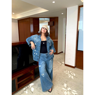 楠哥微胖mm复古街头高腰阔腿牛仔裤女秋大码宽松遮肚显瘦破洞裤子