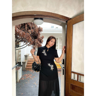 楠哥微胖mm国风新中式旗袍连衣裙女大码复古修身显瘦遮肚黑色裙子