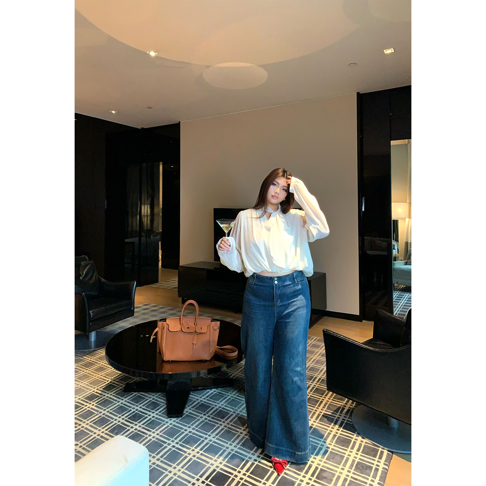 楠哥微胖mm大码复古做旧水洗阔腿牛仔裤女秋高腰直筒显瘦垂感裤子