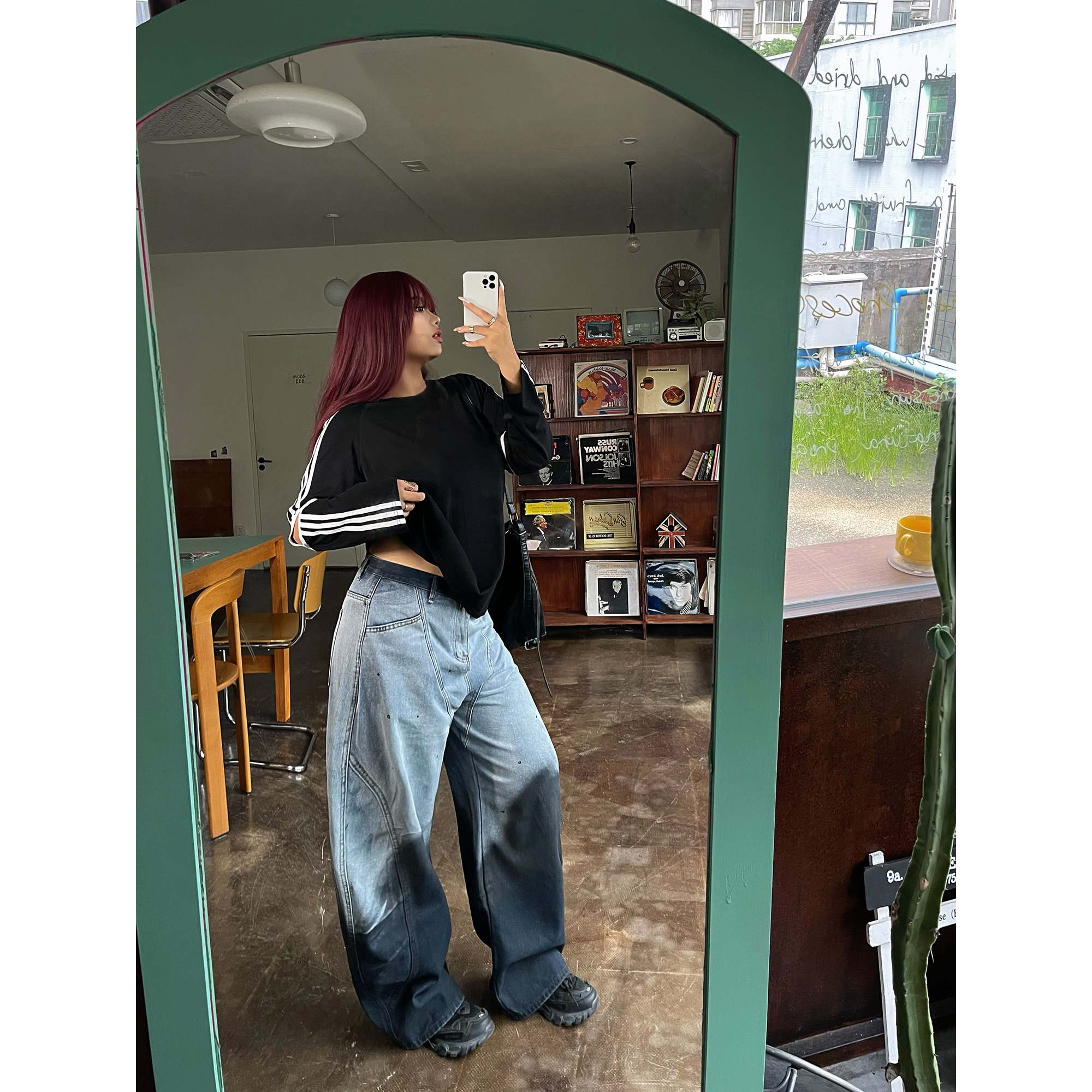 美式復古漸變潑墨彎刀牛仔褲