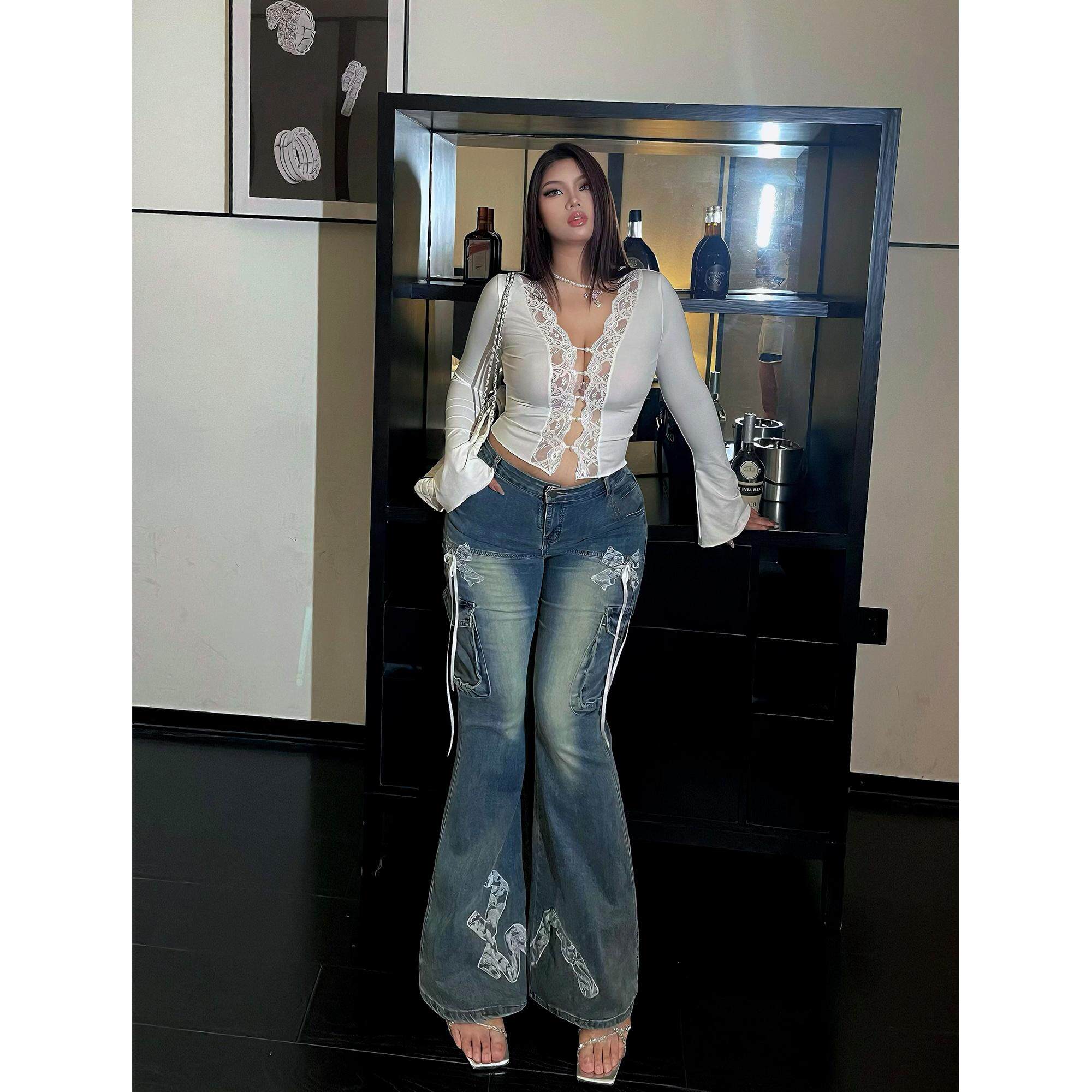 楠哥微胖辣妹高腰微喇叭牛仔裤女大码弹力修身显瘦胖mm欧美拖地裤