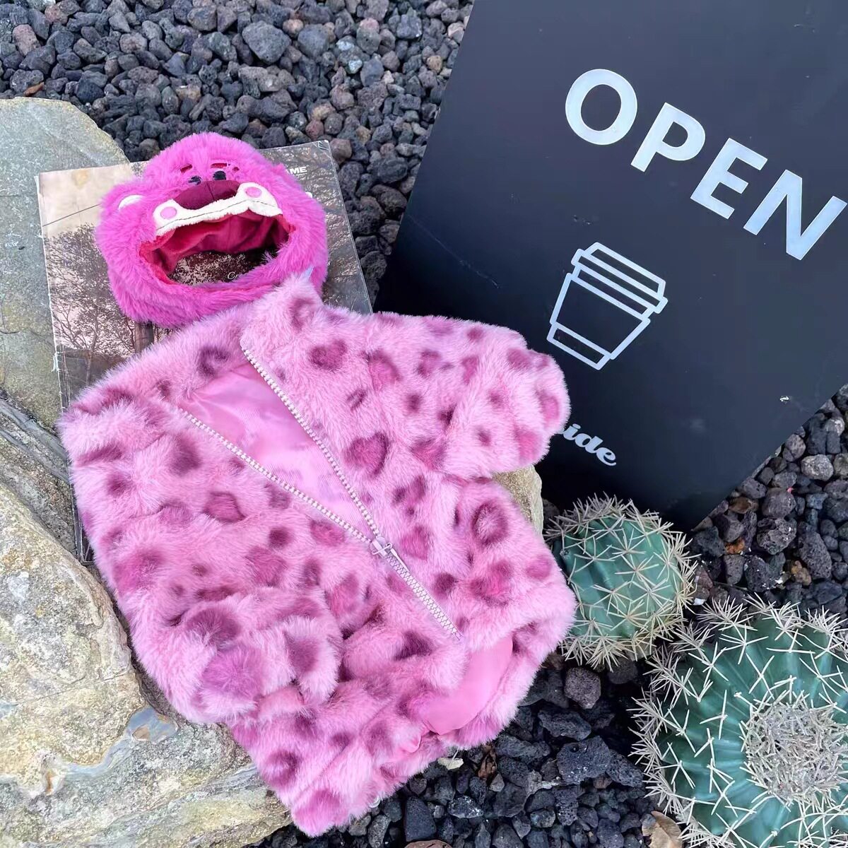 ins粉色爱心小豹纹冬季宠物保暖衣服泰迪雪纳瑞冬季宠物皮草外套