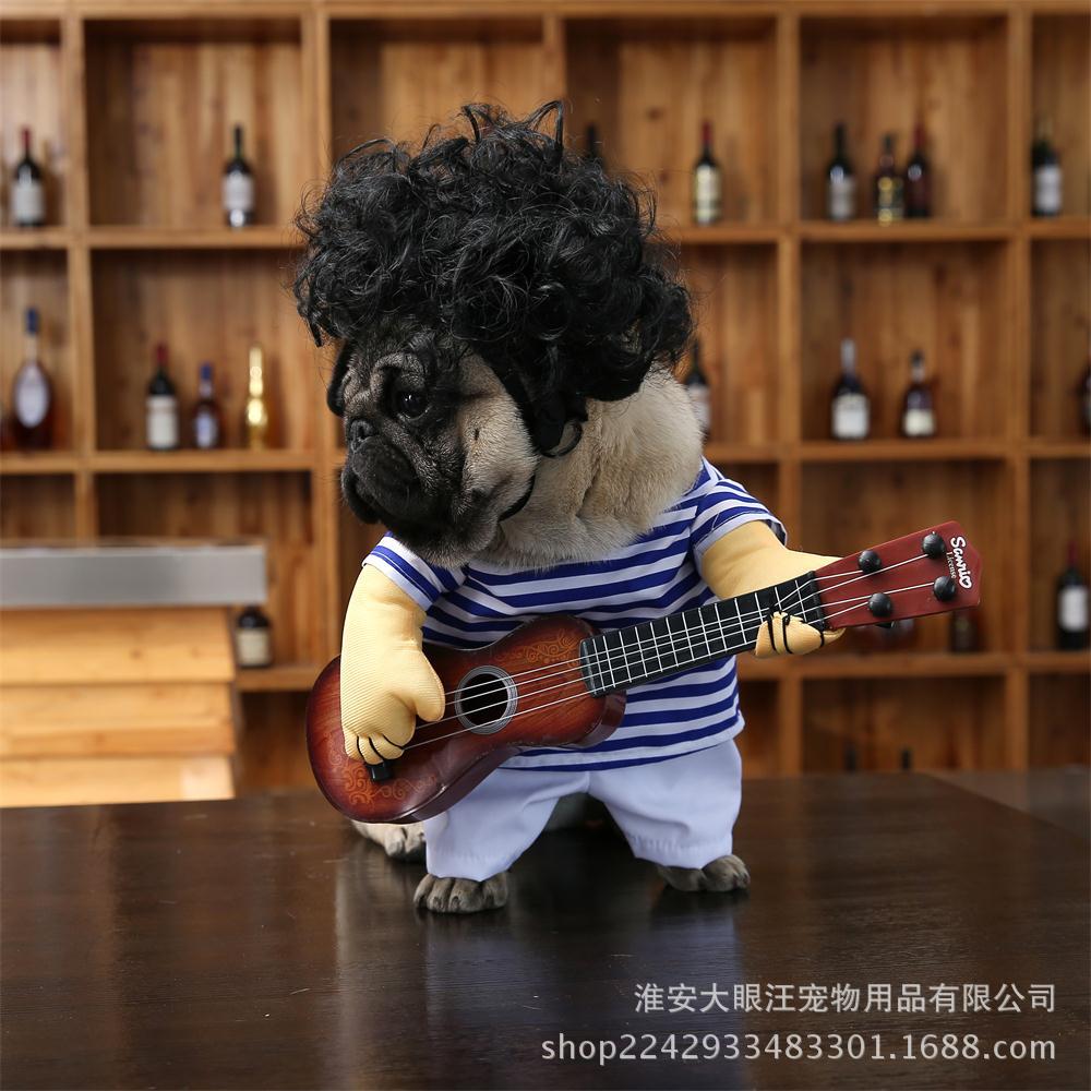 跨境万圣节搞笑衣服 宠物狗狗吉他变身装 巴哥猫咪搞怪拿吉他衣服