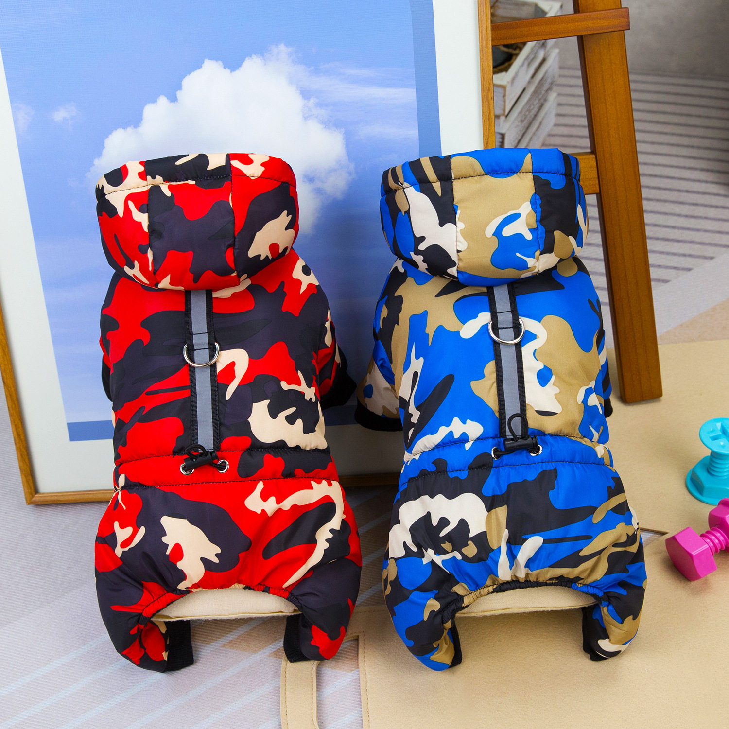 宠物狗狗衣服宠物四脚反光棉衣宠物服装秋冬新款拉扣迷彩四腿棉衣
