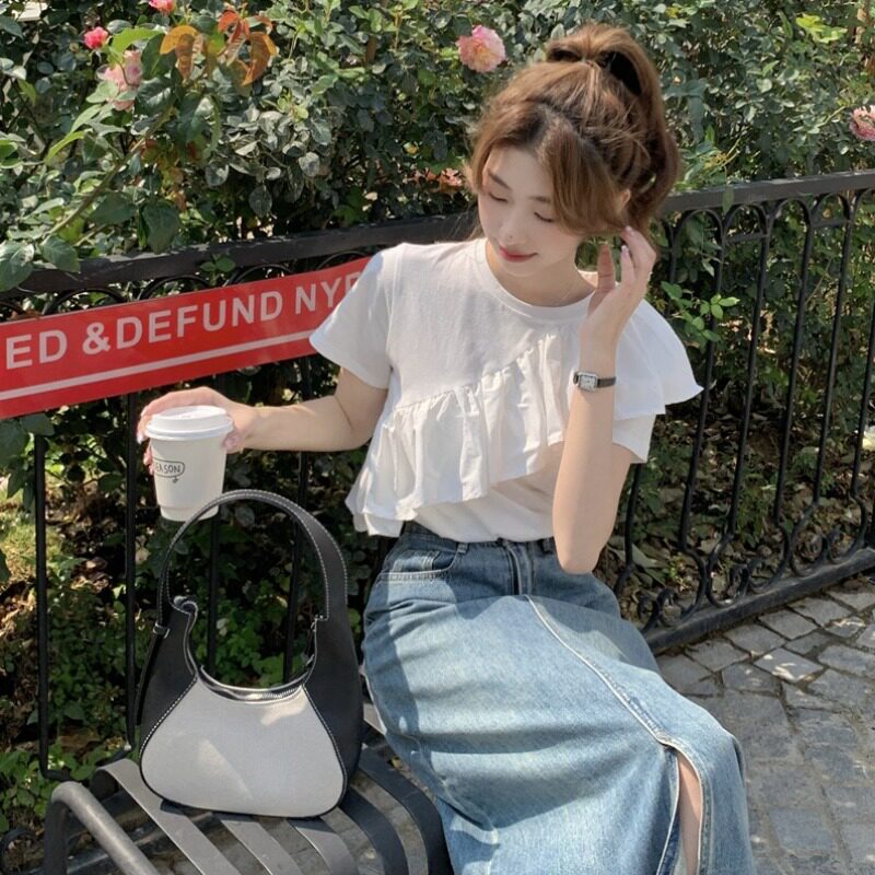 荷叶边短袖T恤女夏韩版2024新款设计感小众白色独特别致上衣女装