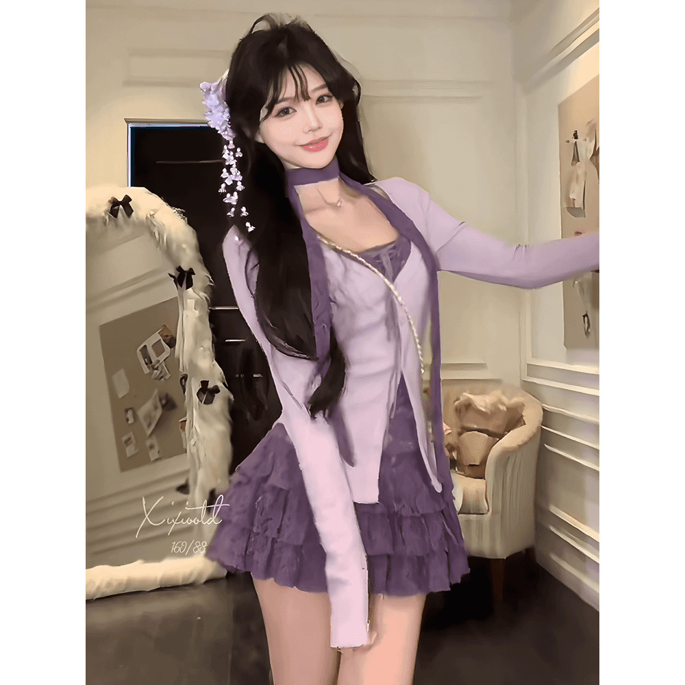 纯欲风辣妹紫色假两件针织衫女春秋气质显瘦短款蛋糕半身裙子套装
