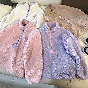 韩国童装女童2023加绒秋冬羊羔绒厚款卫衣儿童洋气紫色宽松韩系潮