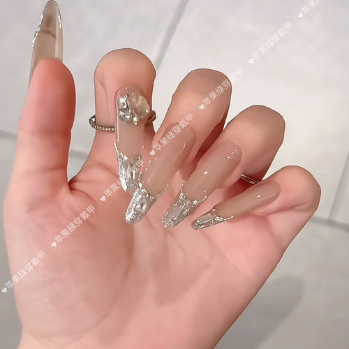 冰透手工穿戴甲超长轻奢高级感假指甲闪钻纯手工美甲贴片成品裸色