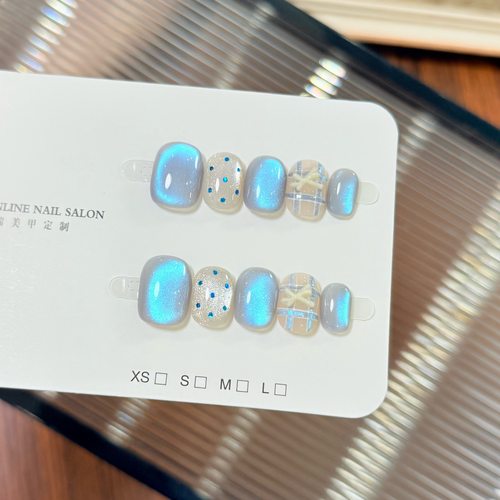 【蓝海】冰透蓝色波点爆闪猫眼显白蝴蝶结手工美甲穿戴甲