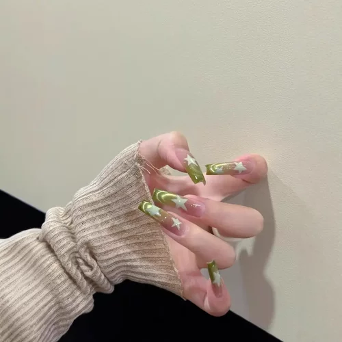 手工穿戴甲夏日芭乐抹茶渐变法式微笑猫眼甜酷小清新星星穿戴美甲