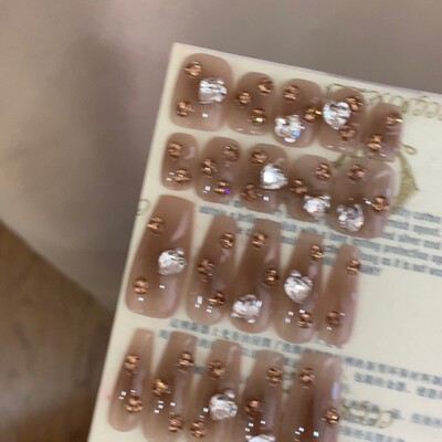 纯手工美甲穿戴甲片假指甲贴卡布奇诺腮棕香槟堆钻美甲贴片可拆卸