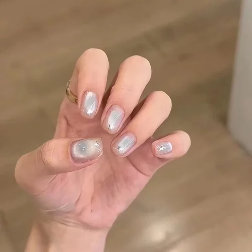 蓝色玻璃珠猫眼手工穿戴甲甜酷风短甲假指甲新娘甲美甲贴片可拆卸