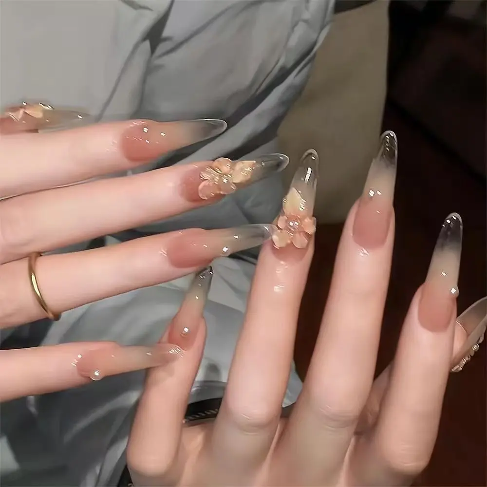 纯手工早春纯欲风水润清透奶茶裸立体琉璃冰花珍珠显白美甲穿戴甲