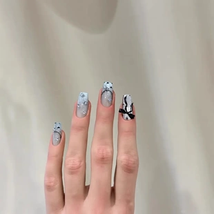 纯手工穿戴甲甜酷魔镜法式 清新海盐蓝蕾丝立体蝴蝶结爱心波点美甲
