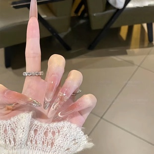 韩系温柔蜜桃粉微笑猫眼爆闪指尖金闪蝴蝶结穿戴甲 银河梦里