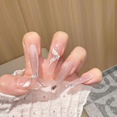 新款穿戴美甲韩系芭蕾飘带手工制作法式美甲成品高级感手工穿戴甲