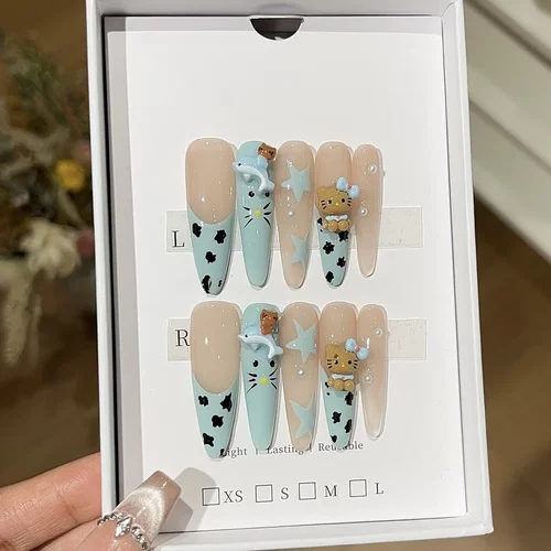 【夏威夷kitty】夏季显白凯蒂猫薄荷蓝豹纹手绘超长辣妹穿戴甲