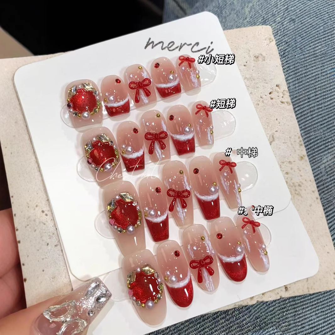 手工穿戴美甲秋冬节日氛围感显白红色猫眼法式蝴蝶结高级可拆卸