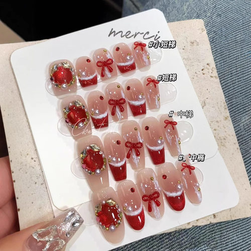 手工穿戴美甲秋冬节日氛围感显白红色猫眼法式蝴蝶结高级可拆卸