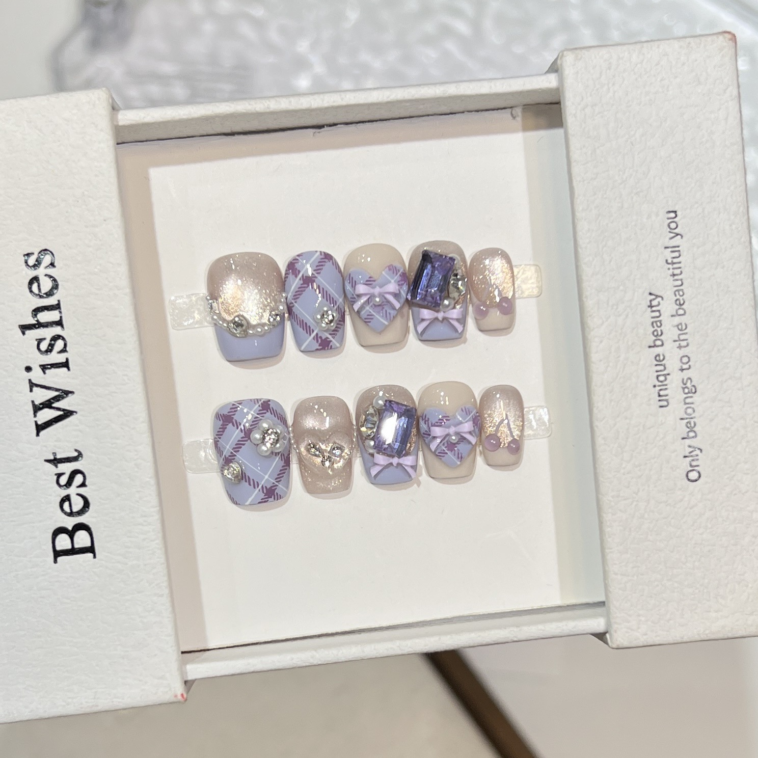 【怦然心动】可爱ins风珍珠锆石钻爱心美甲蝴蝶结短款穿戴甲甲片