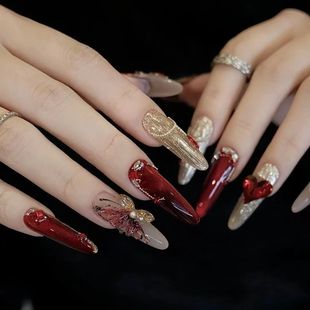 鸿运蝶舞美甲红色魔镜粉蝴蝶轻奢国风手工穿戴甲高级感财运指甲贴