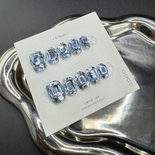 夏日洋气海洋冰块方糖短甲款 纯手工穿戴甲亮片满钻蓝色细闪美甲贴