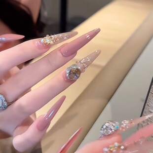纯手工穿戴甲温柔香槟碎钻美甲显白气质细狗长尖款 可拆卸 裸杏