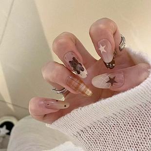 秋奶油小熊格纹焦糖星星美甲小众ins显白高级纯手工穿戴甲
