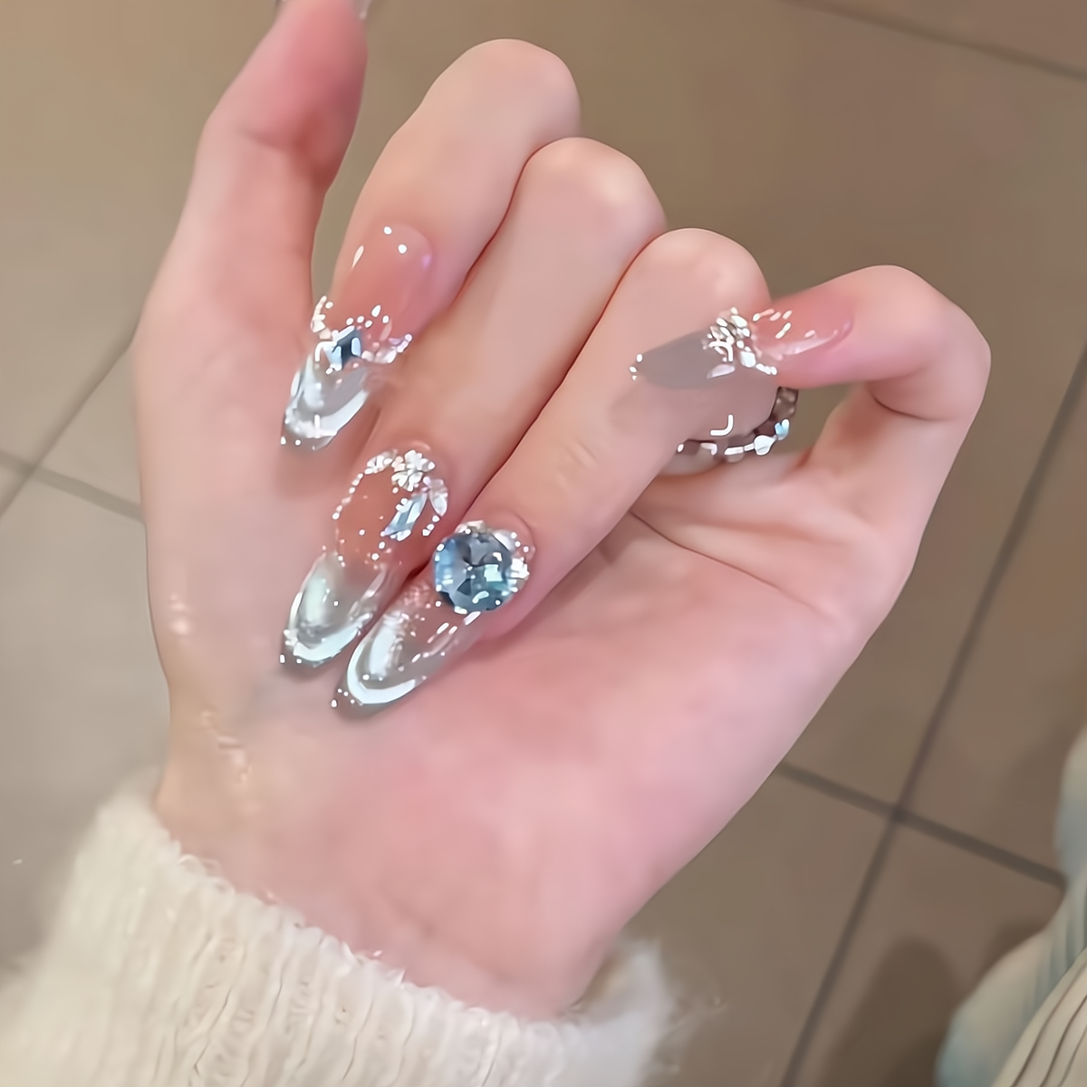 【海洋之心】纯手工穿戴甲春夏爆闪钻美甲法式显白轻奢风甲片高级