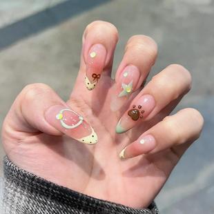 手工穿戴甲夏日清爽法式 手绘狗狗甜美可爱纯欲温柔美甲可拆穿戴甲