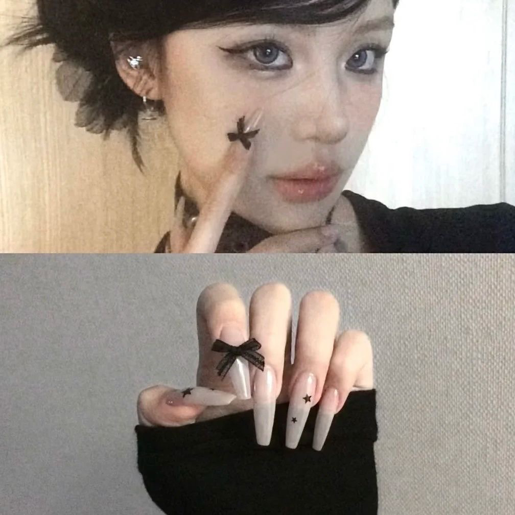 【纯手工定制】裸色星星黑色丝带清纯美甲穿戴甲可拆卸可反复使用