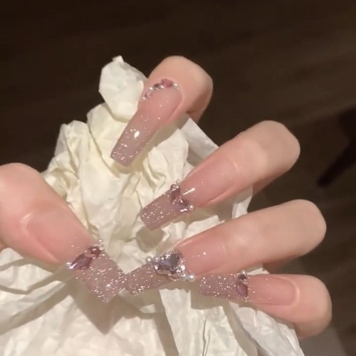 爆闪粉色钻钻显白学生小众碎钻ins长款闪钻超长美甲穿戴甲夏天