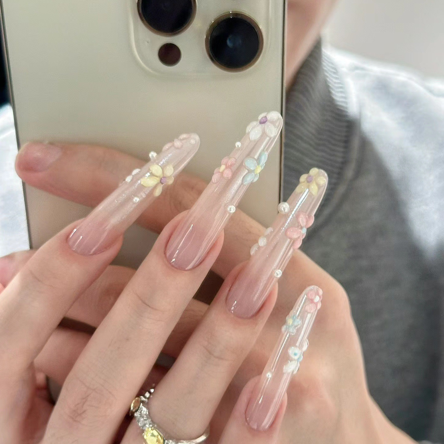 纯手工光疗穿戴甲莫奈花园月光粉猫眼手绘立体花花美甲穿戴甲成品