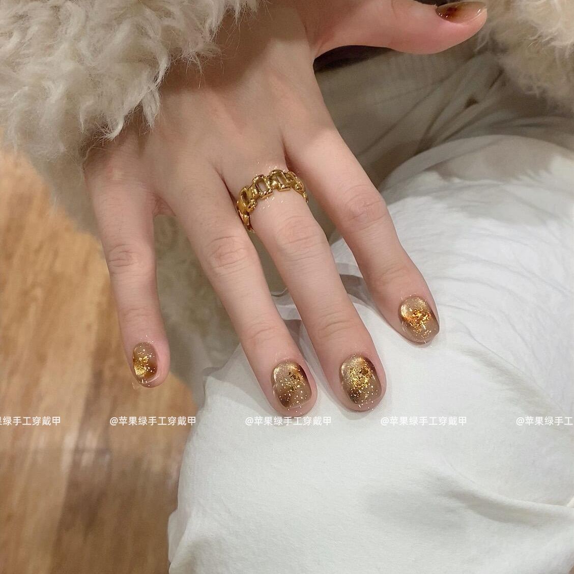 【鎏金琥珀】金棕爆闪晕染猫眼秋冬氛围感温柔气质显白纯手工美甲