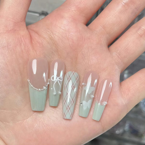 手工纯手工定制薄荷穿戴新款可拆卸法式清新贴片美甲指甲小红书