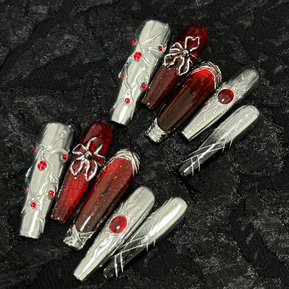 【哥特夜】复古镜面玻璃珠猫眼美甲万圣节个性欧美风穿戴甲纯手作