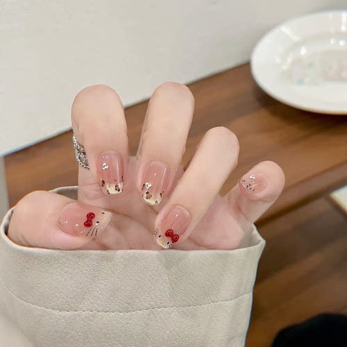 纯手工2025秋冬新款美甲酒红蝴蝶结猫眼豹纹Kitty腮红温柔纯欲