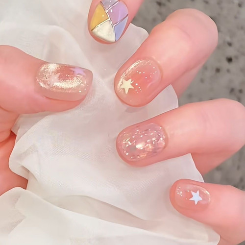 彩虹纯手工新款亮片美甲星星指甲气质高级法式猫眼显白穿戴贴片